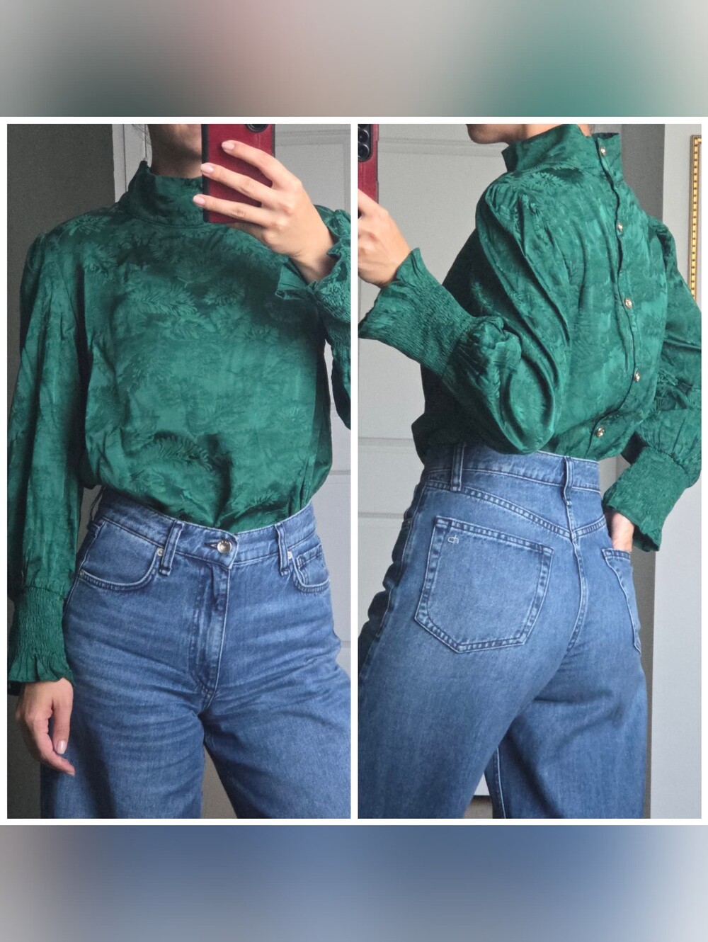 BURU Jaquard High Neck Long Sleeve Blouse, Small, Rich Green